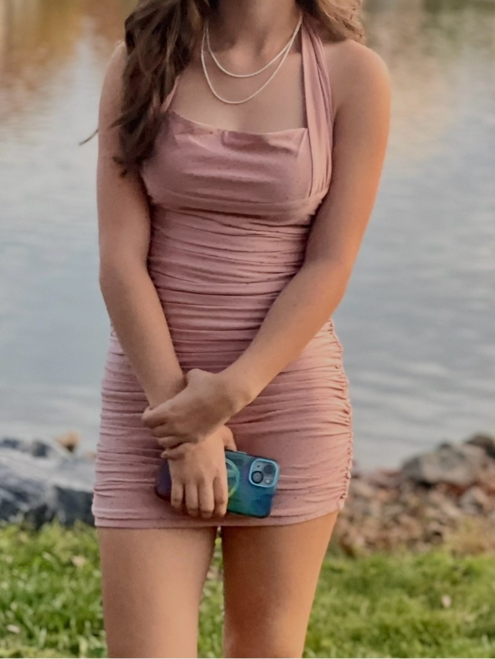 Lucy in the Sky Pink Glitter Ruched Halter Mini Dress Mauve Size S